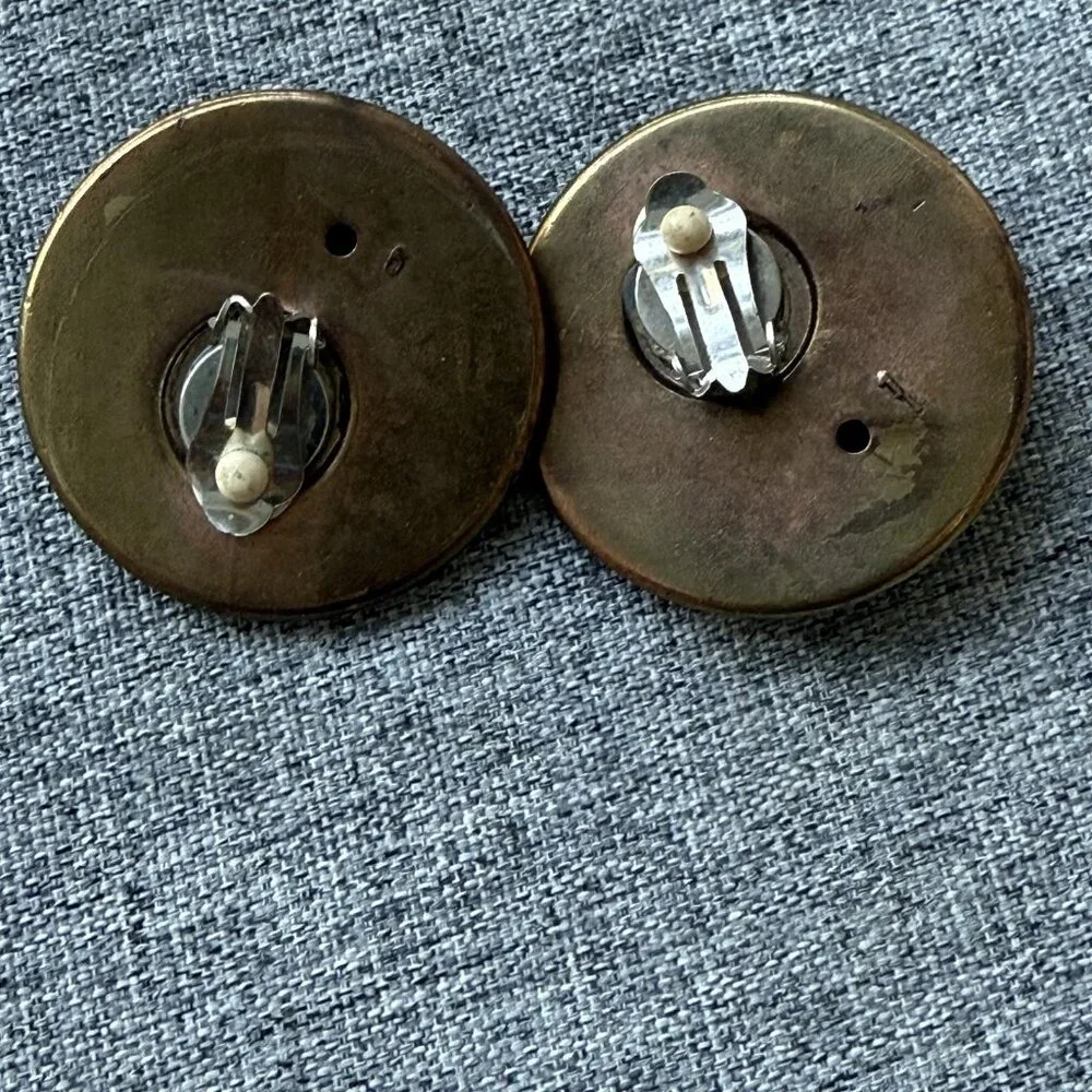 Vintage Earring Medallion Large Gold Tone Bronze Ornate Clip On